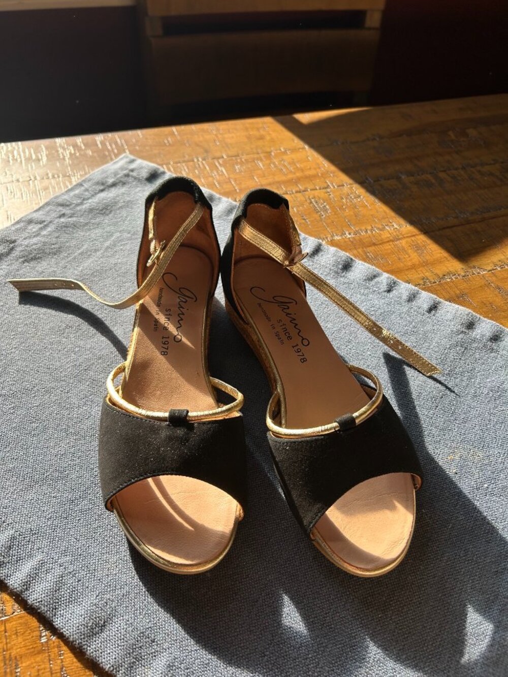 Gaimo Women's Black Gold Strap Flat Sandals handmade black suede w elegant me